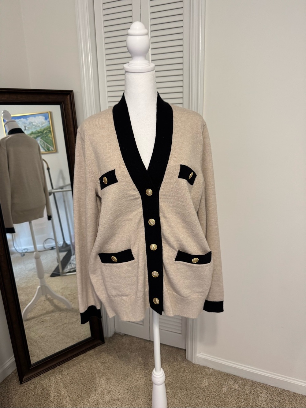 Ann Taylor Beige Cardigan with Black Trim and Gold Buttons